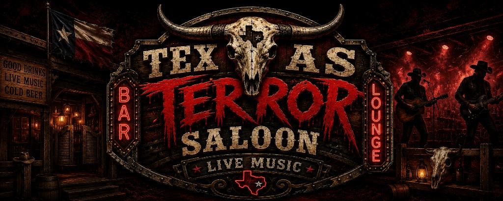 Texas Terror Saloon sign with saloon doors, live music stage, and a longhorn skull